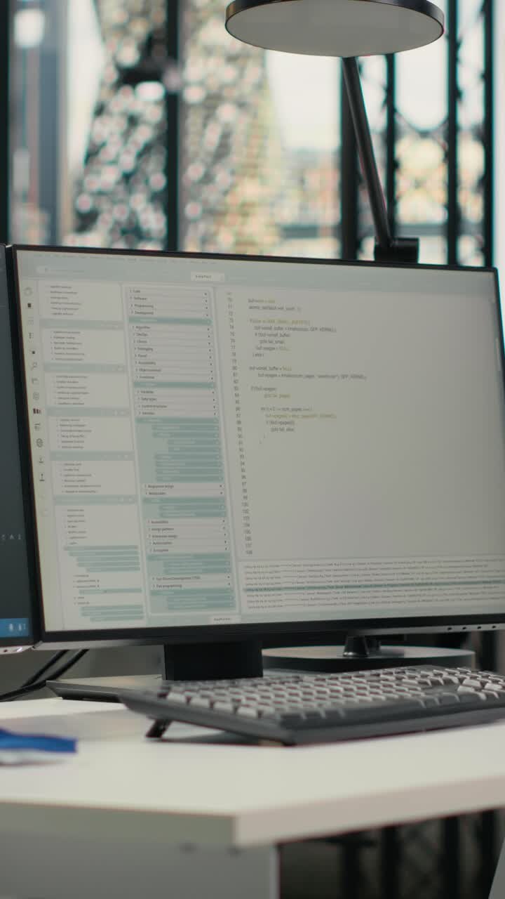 Vídeo vertical Monitores de computador em espaço de trabalho startup vazio com recursos de IA de computação em nuvem