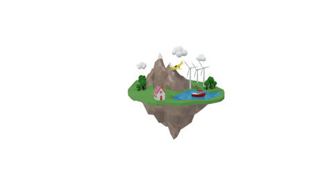 animation of landscape with wind turbines and white clouds on white background