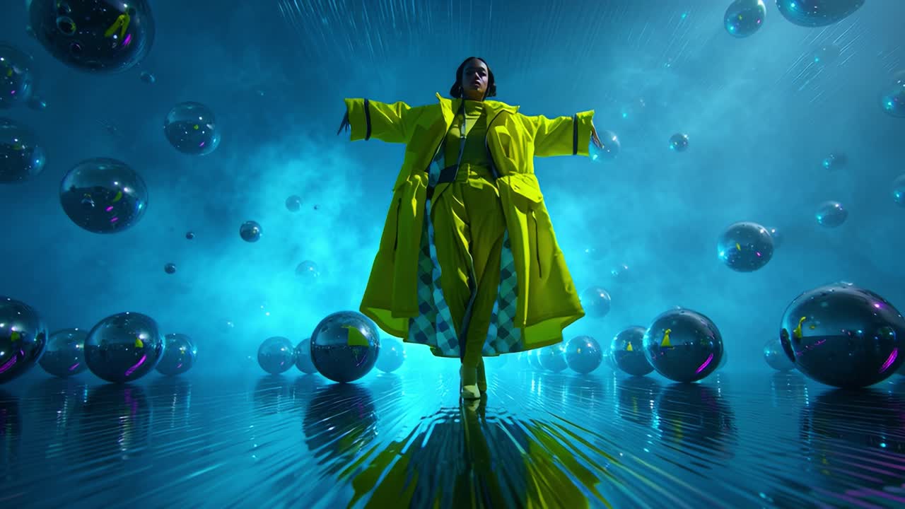A stunning visual display of a model gracefully showcasing a vibrant yellow raincoat amidst a surreal, reflective environment filled with gleaming spheres, creating a captivating contrast with the vivid blue background