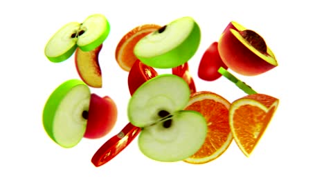 fruit slices rotate on white background, bullet time, seamless loop, cg