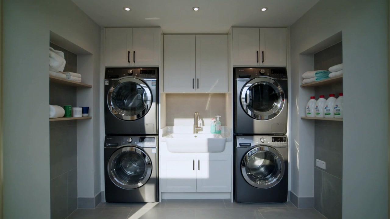 Shifting sunlight moving across washer-dryer stacks and sink at home, lighting red-capped detergent