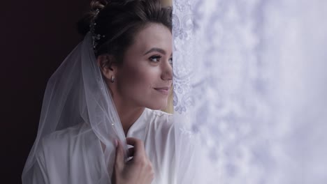 bride in boudoir dress near window, wedding morning preparations, woman in night gown and veil