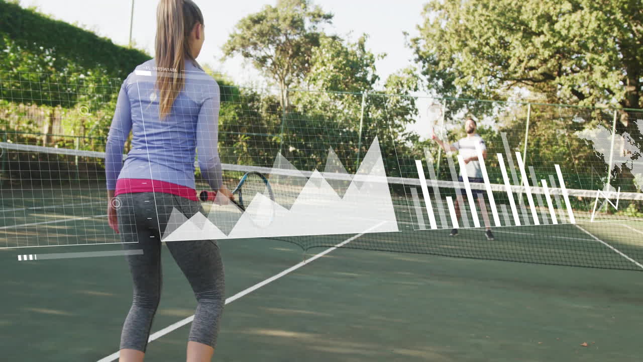 female tennis player facing male opponent on court, showcasing technology graphs and grid overlay