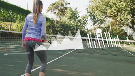 female tennis player facing male opponent on court, showcasing technology graphs and grid overlay