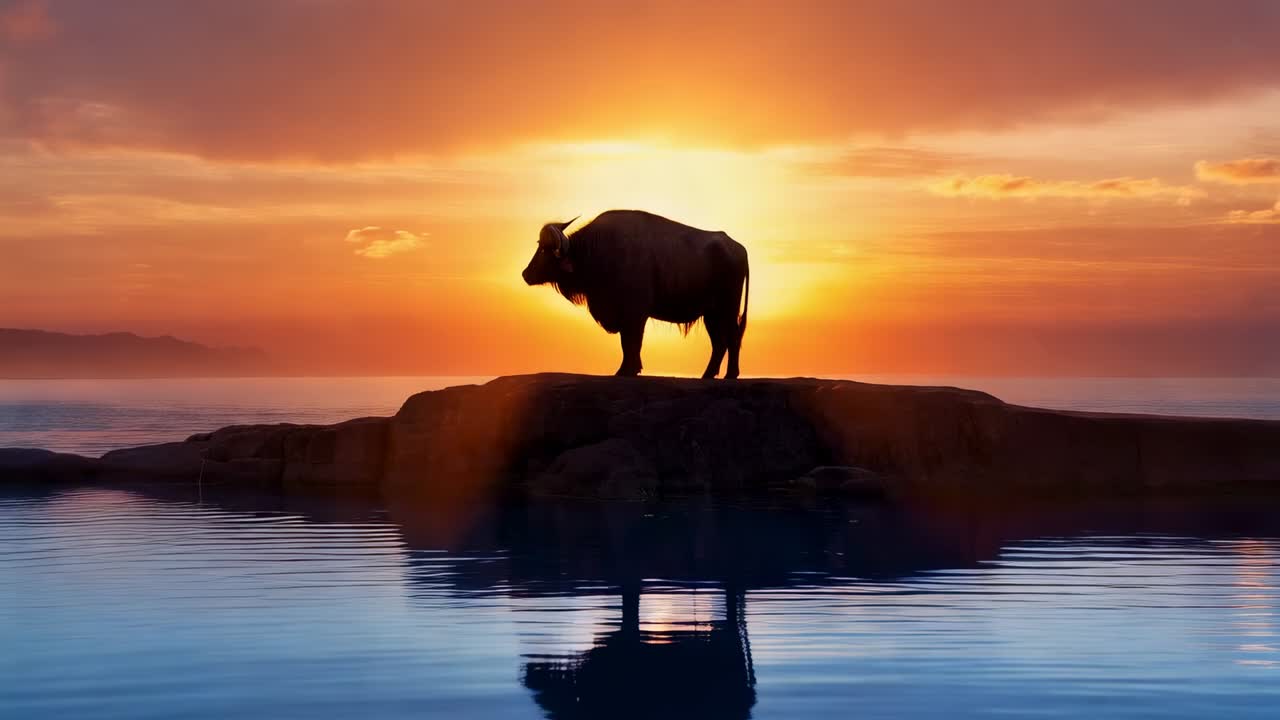 Standing horned bovine turning head, camera zooming in on rock above calm water, revealing horns