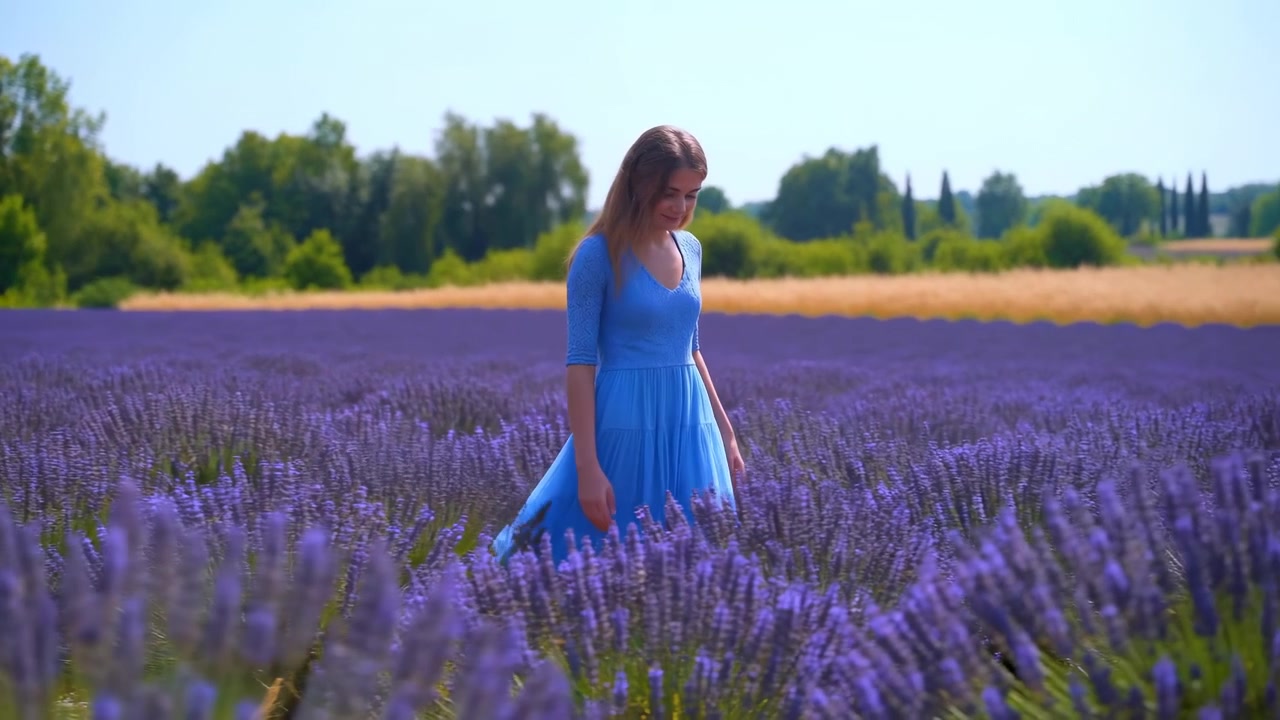 Mulher caucasiana caminhando por um campo de lavanda sob sol forte, vestido azul esvoaçante, fileiras de flores roxas se estendendo.