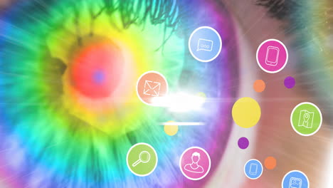 animación digital de múltiples iconos digitales contra un punto brillante de luz y un ojo humano colorido