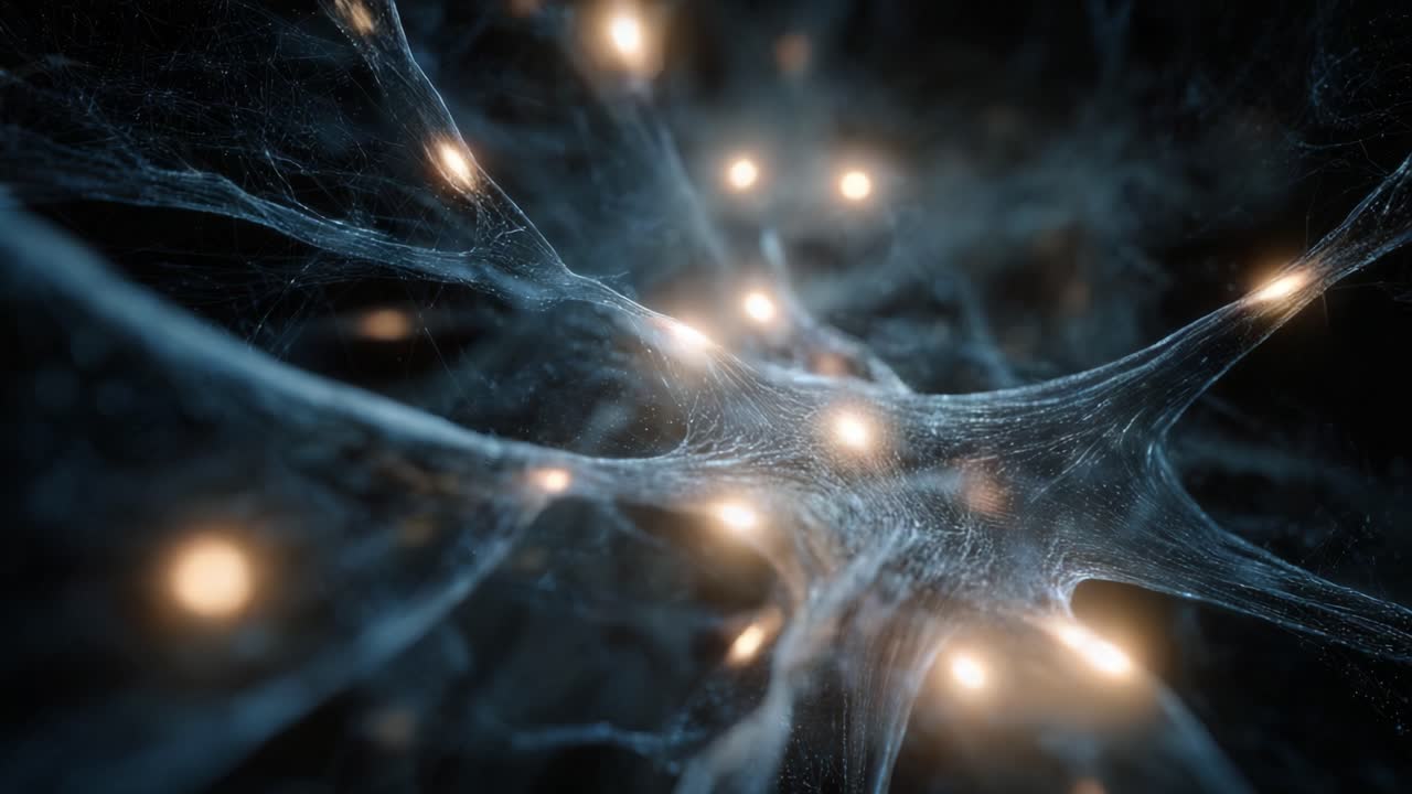 Dynamic animation of a neural network transmitting electrical impulses and signals through its complex web of neurons and synapses, illustrating the intricate communication system of the brain