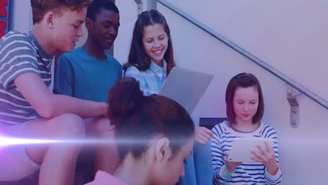 animation of lights over group of happy diverse students using tablets at school