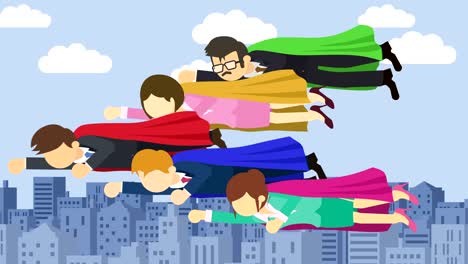 super hero business team flying in suit and red cape. leadership and achievement concept. loop illustration in flat style.