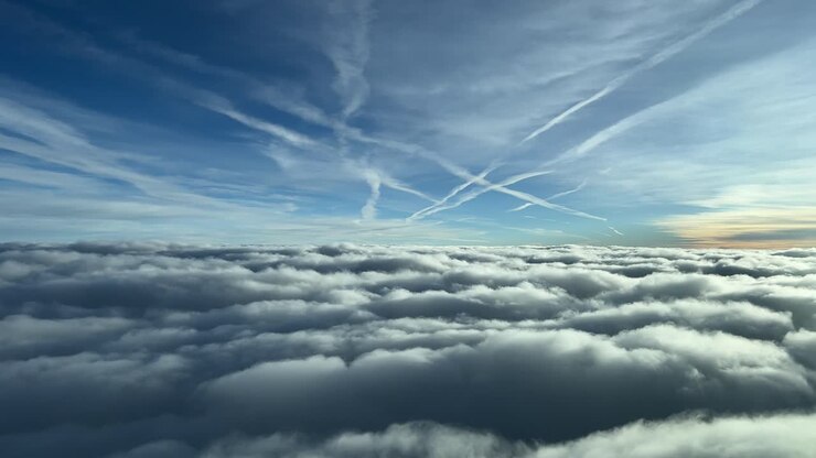 Awesome pilot point of view from a jet cockpit flying just above a layer of stratus clouds in a cold winter afternoon, at sunset
