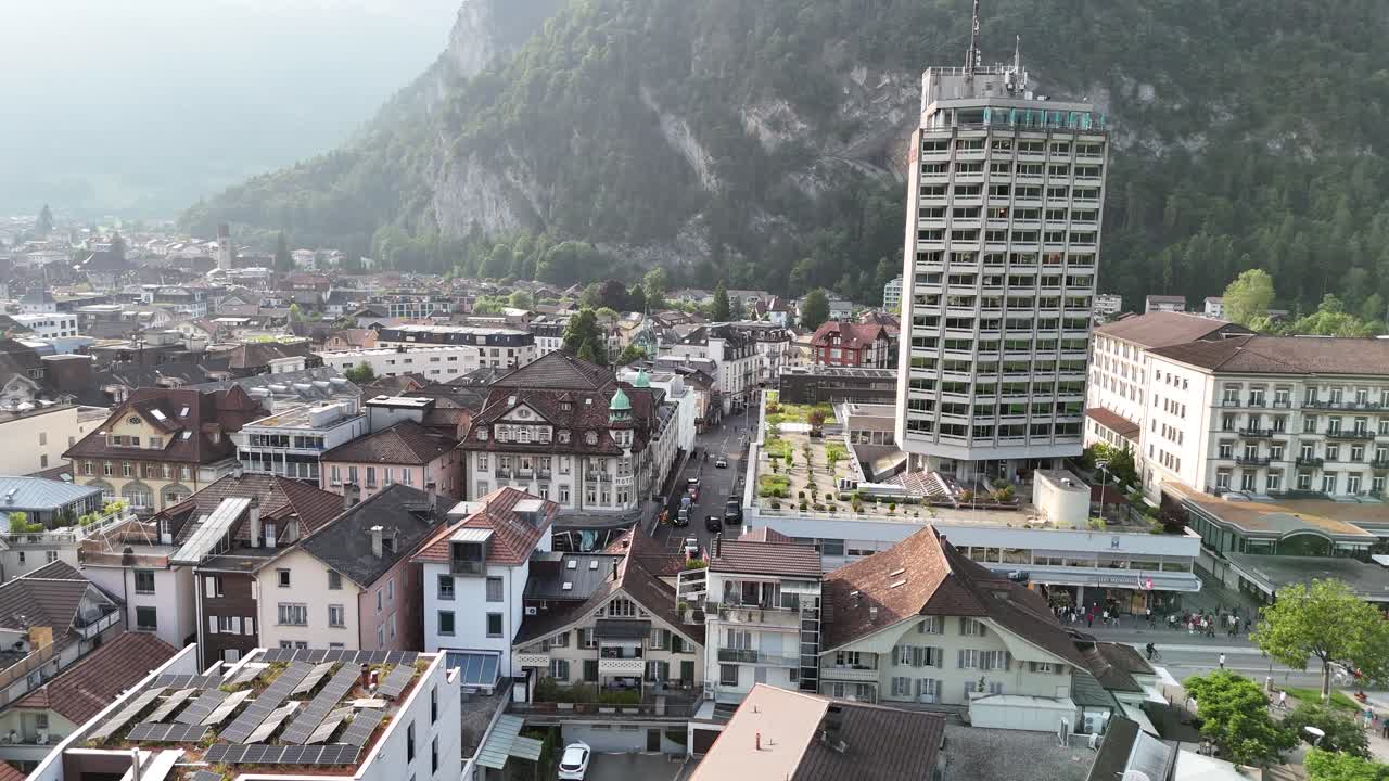 Busy Town centre Interlaken Jungfrau region Switzerland drone,aerial