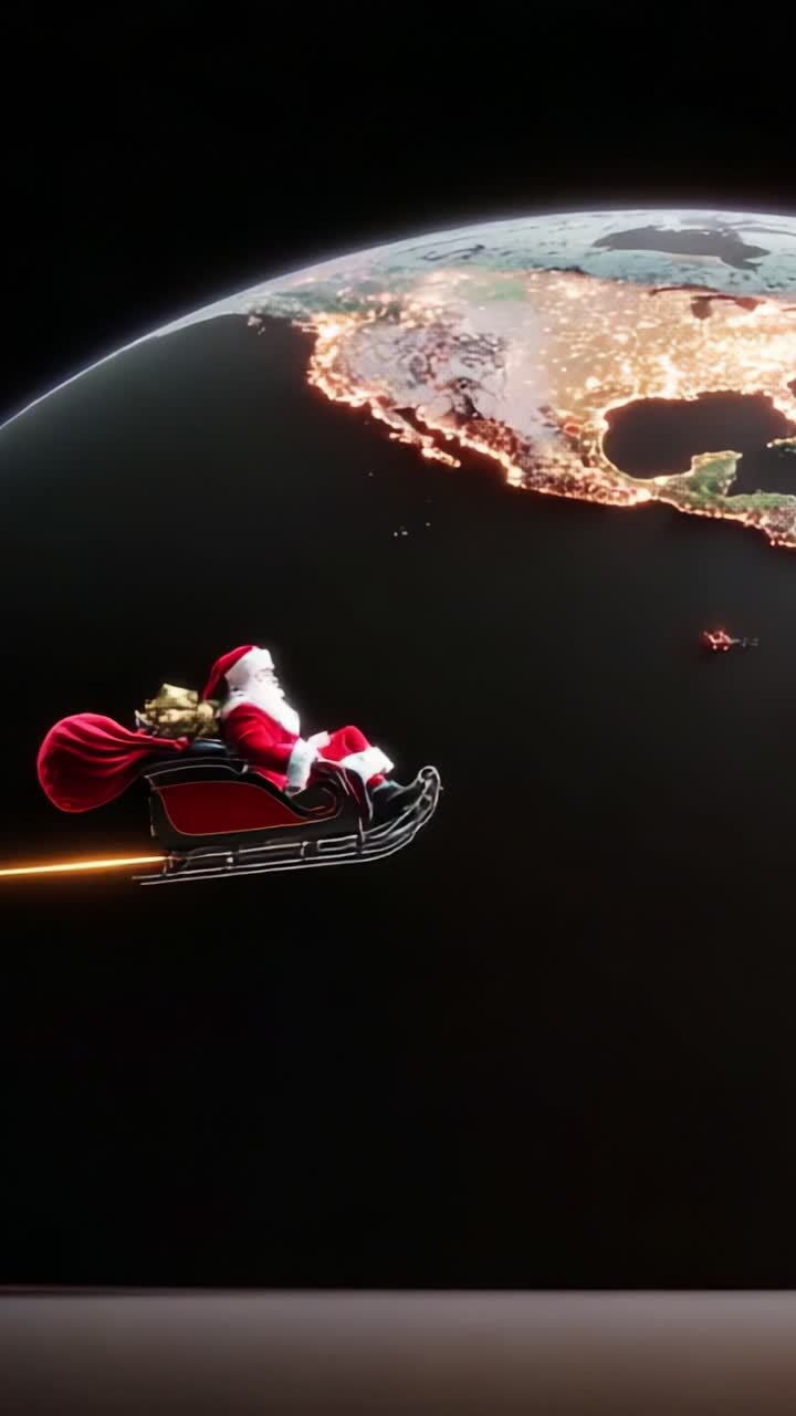 A Magical Journey Across the Globe: Santa Claus Riding His Sleigh Through Vibrant Night Skies, Illuminating Different Continents Under the Shimmering Lights of Cities and Celebrating the Spirit of Giving