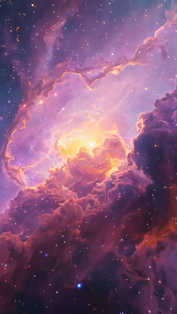 Vertical video: Swirling nebula glowing in space after core ignition lighting dust, twinkling stars