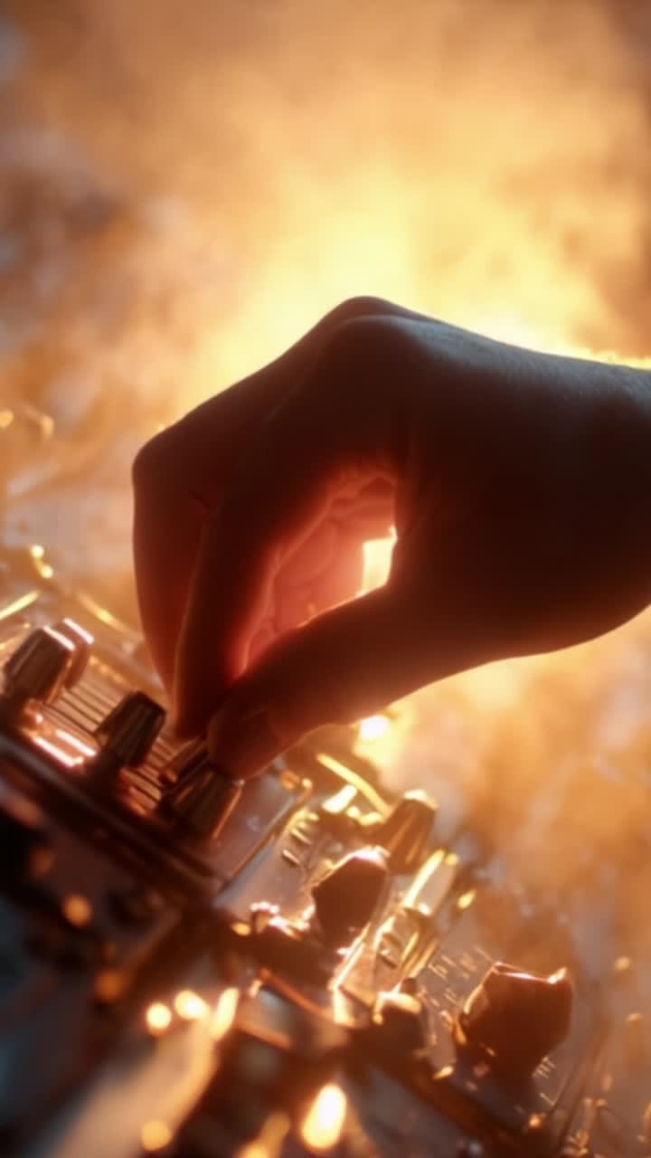 Un primo piano di una mano che regola un mixer da DJ in un ambiente luminoso, evidenziando i dettagli intricati della produzione musicale e delle tecniche di manipolazione del suono.