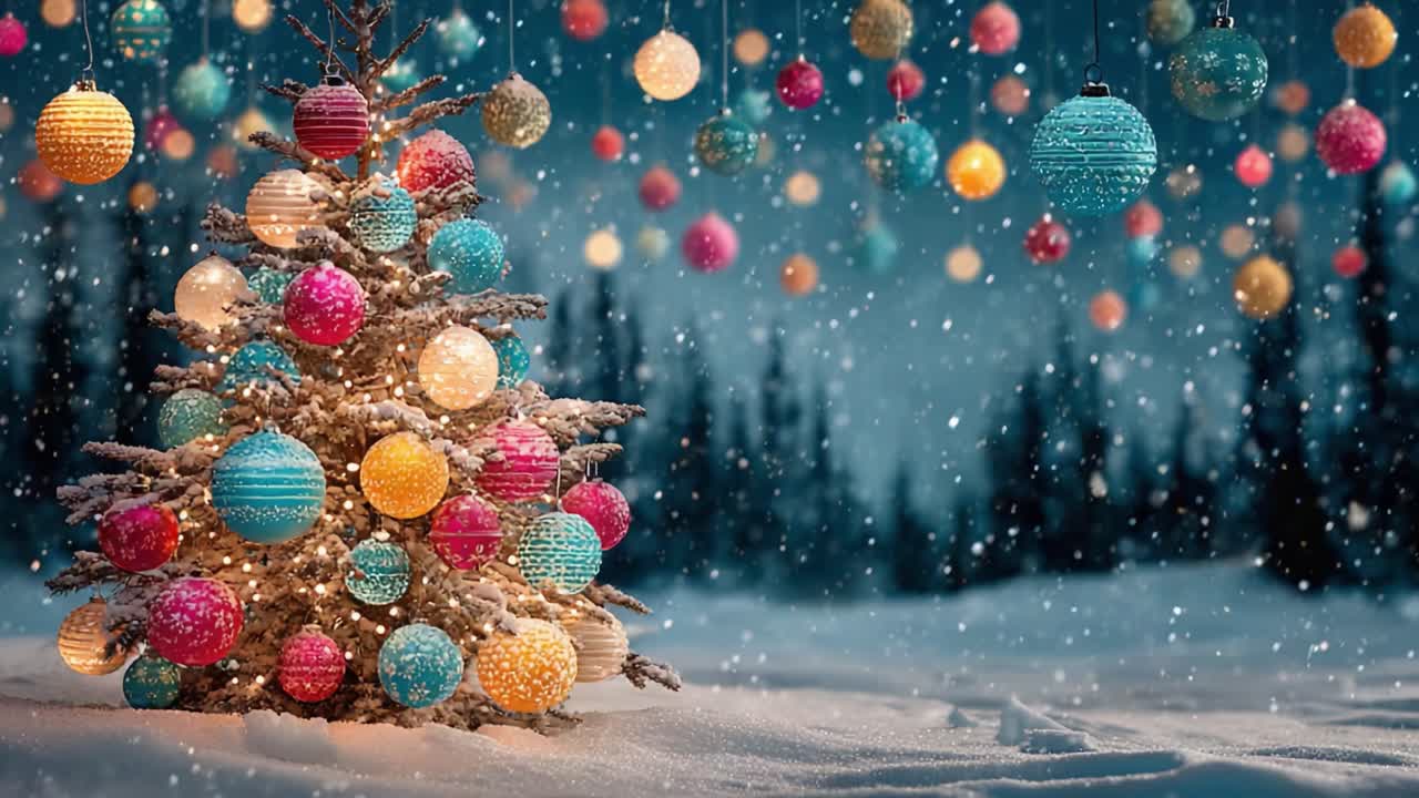 Sakin Bir Manzarada Düşen Kar Ortasında Renkli Süslemelerle Bezenmiş, Güzelce Dekore Edilmiş Bir Noel Ağacının Yer Aldığı Çarpıcı Bir Kış Manzarası