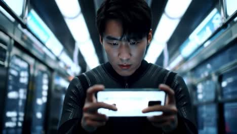 a focused individual, immersed in a digital world, engages intensely with their mobile device in a futuristic subway environment, highlighting modern technology's impact on daily life