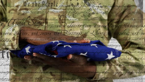 Animation-of-text-of-constitution-over-african-american-male-soldier-with-usa-flag