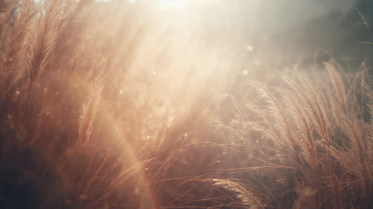 Swaying tall feathery grass seed heads in meadow, low sun rising and breeze lighting flare bokeh