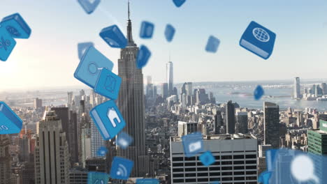 animation of falling 3d icons over aerial view of modern cityscape against sky