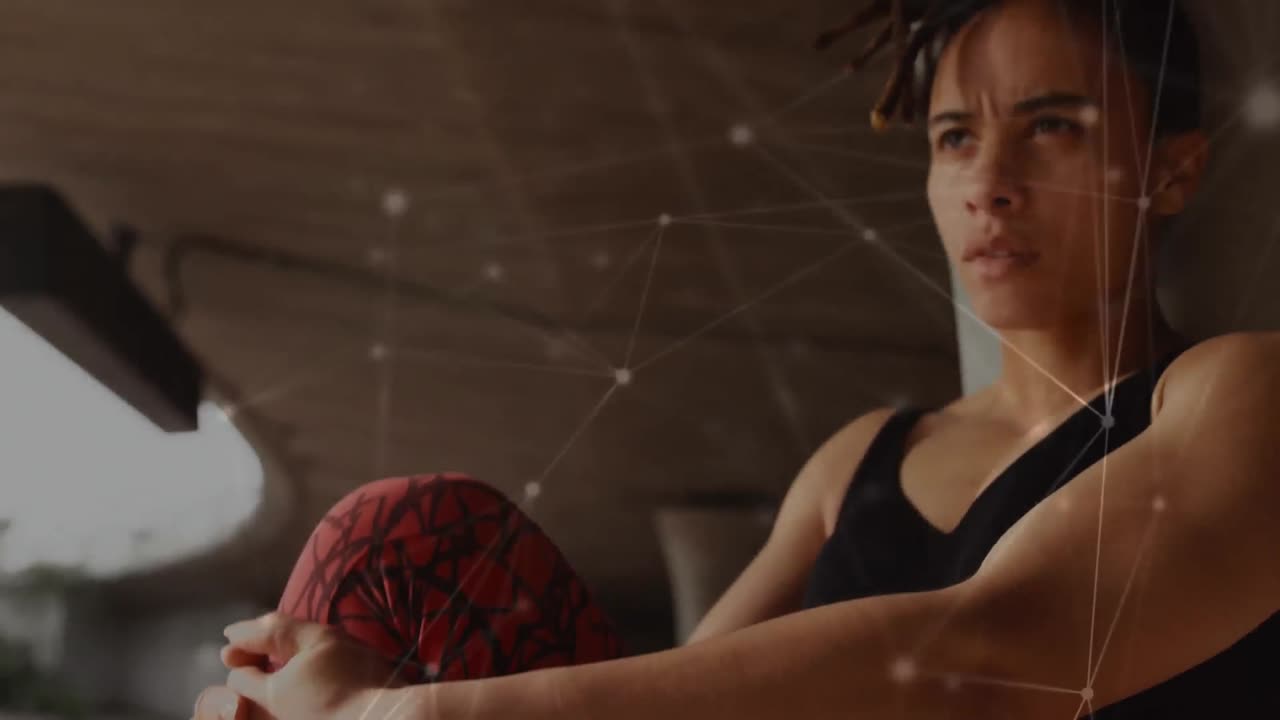 animación de la red de conexiones sobre la mujer en forma que hace ejercicio