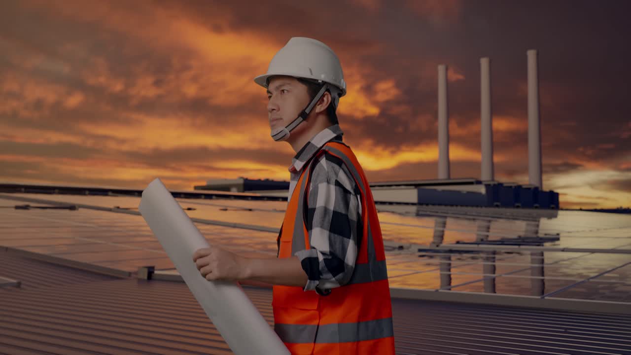 Sidebillede af asiatisk mandlig ingeniør, der kigger på bygningstegning i hænderne, mens han går og inspicerer solpaneler på et tag ved solnedgang