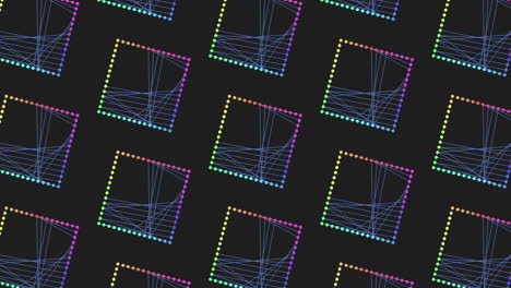 digital seamless rainbow cubes pattern with neon dots on black gradient