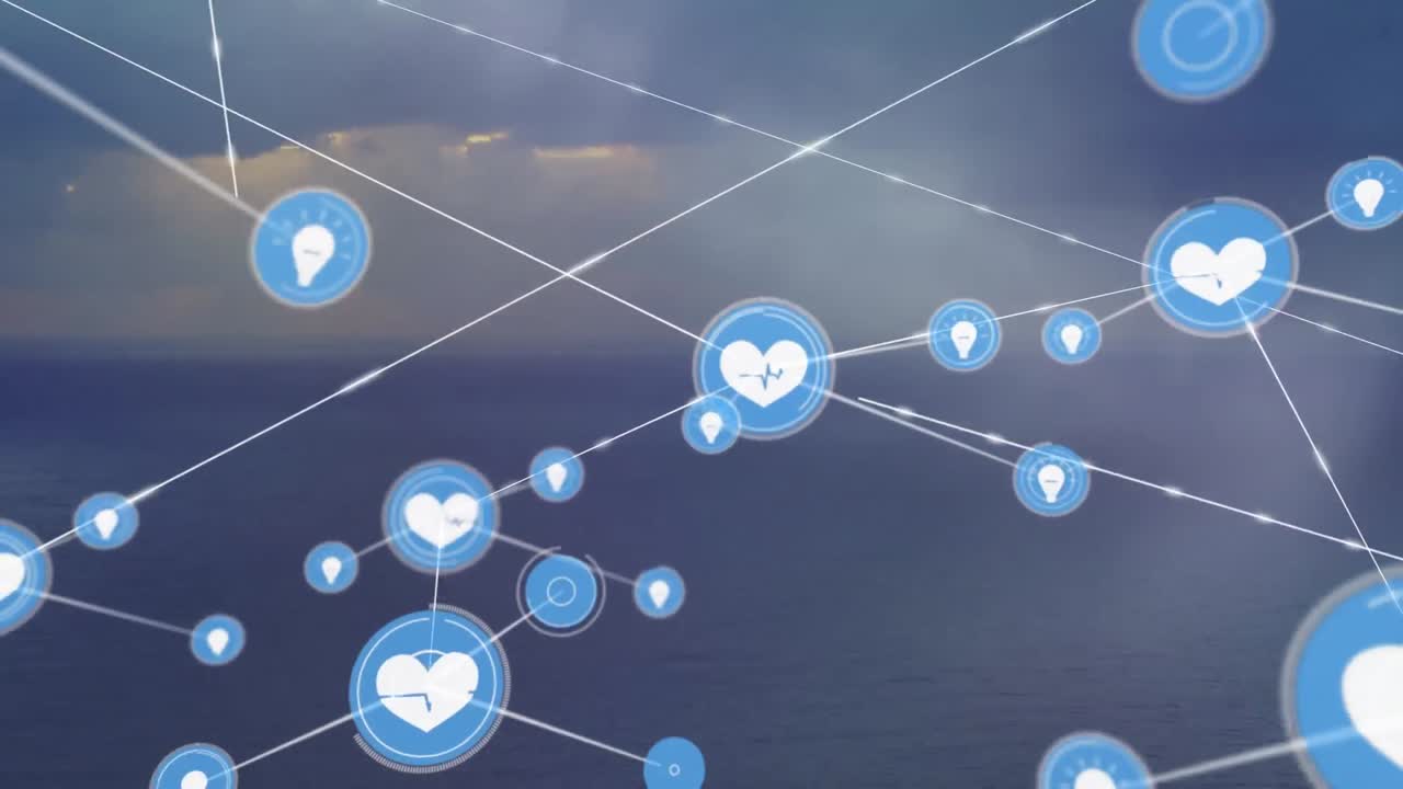 디지털 아이콘 네트워크의 애니메이션은 하늘에 바다와 태양과 함께 풍경의 공중 시야에 맞춰집니다.