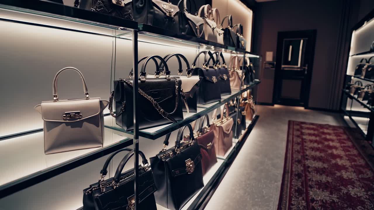 Luxurious handbags displayed on illuminated shelves in a boutique