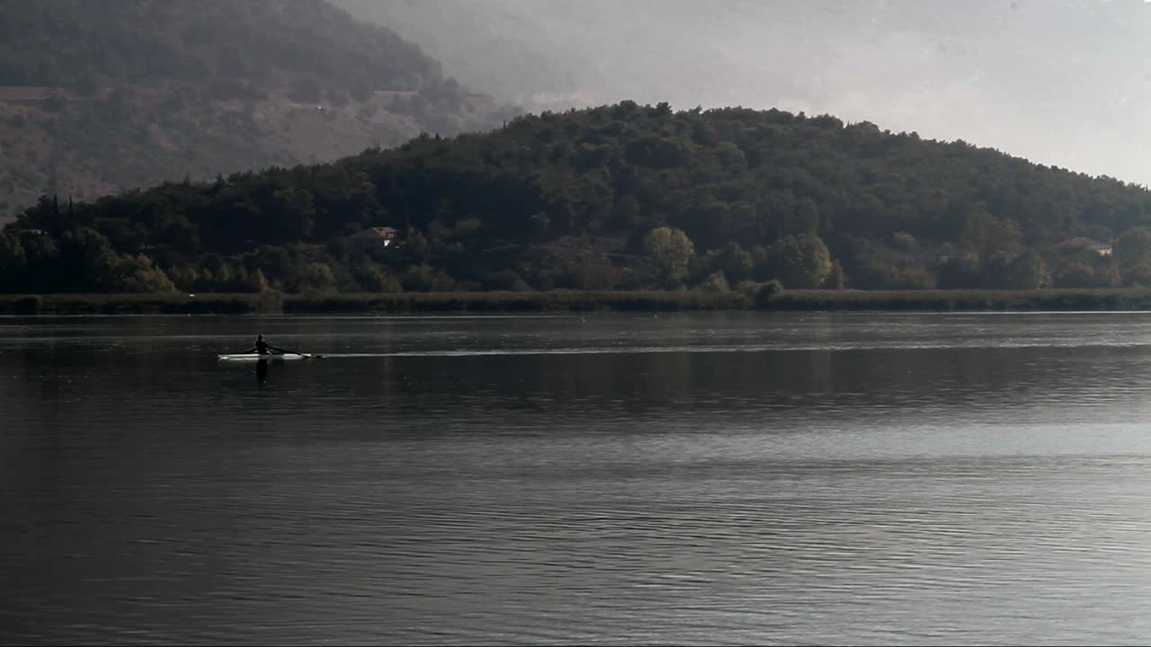 A person is rowing while a bird is flying by in the lake of Ioannina in Greece