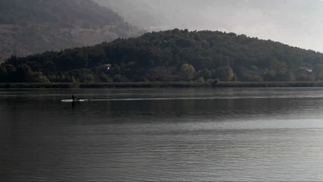 a person is rowing while a bird is flying by in the lake of ioannina in greece