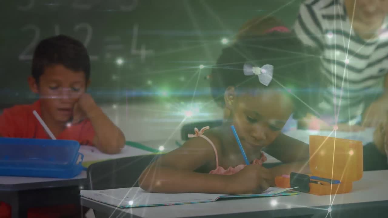 Animation of network of connections over african american girl in classroom