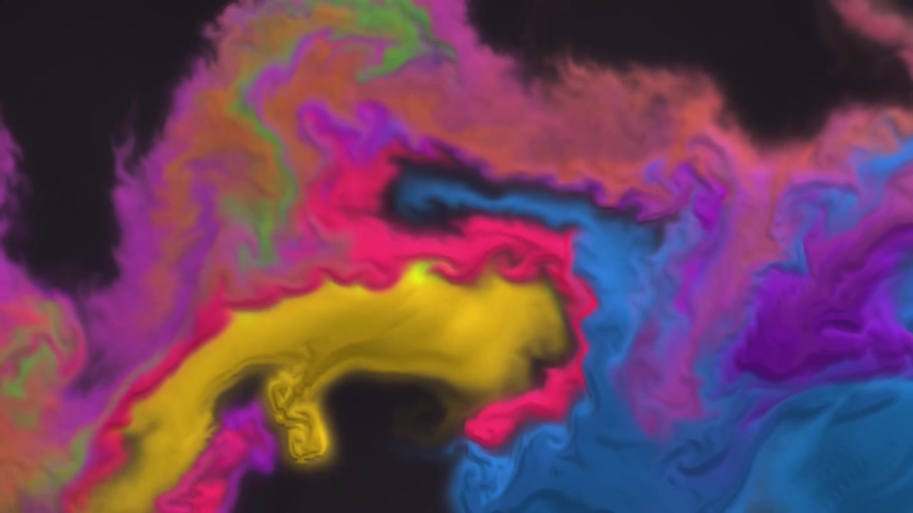 Polvere colorata vibrante che vortica e si diffonde dolcemente su uno sfondo scuro in un movimento continuo