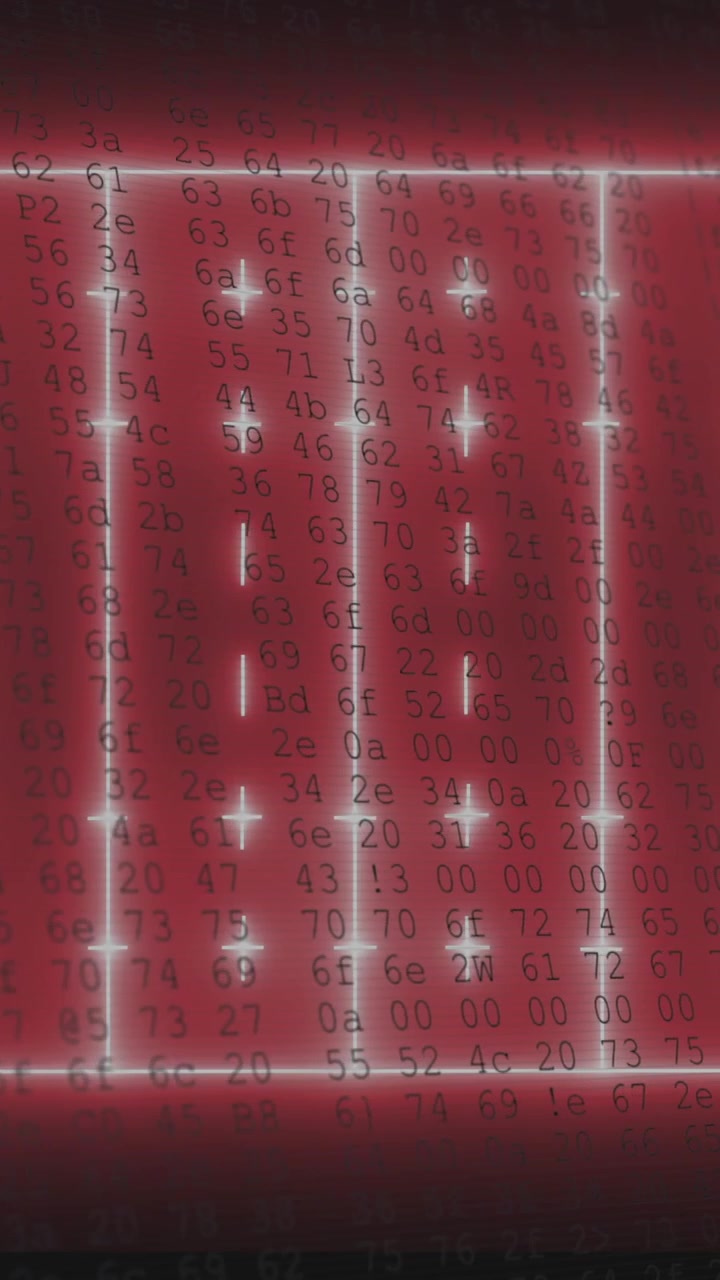 Animation of football field with glowing numbers and data on red background