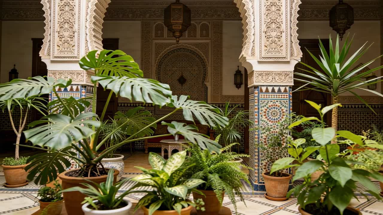 Telecamera che si allontana, rivelando un gruppo di piante in vaso in un cortile ornato, mostrando una colonna a mosaico.