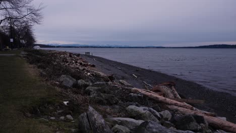 Walking-toward-sandy-beach-covered-in-drift-wood-and-boulders-with-people-walking-in-the-distance-white-rock