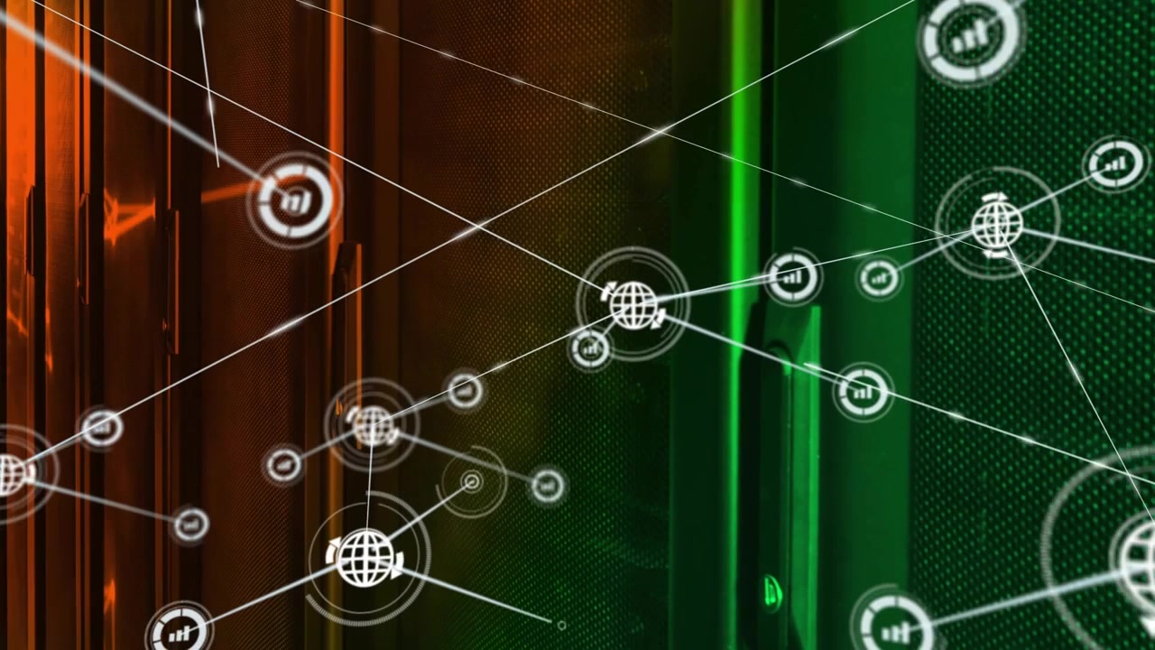 Node appearing starting overlay growing and linking nodes across orange-green racks, showing links