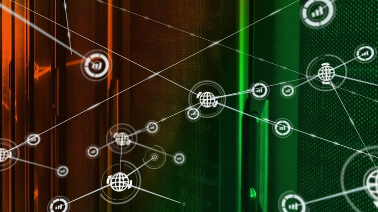 Node appearing starting overlay growing and linking nodes across orange-green racks, showing links
