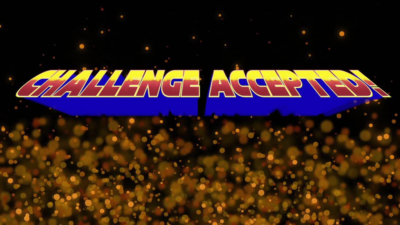 3D gradient CHALLENGE ACCEPTED text floating above blue platform, glowing alongside golden sparkles