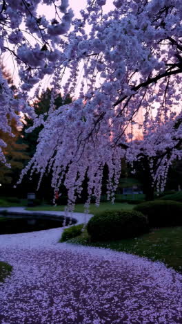 Beautiful Cherry Blossoms in a Japanese Garden at Dusk