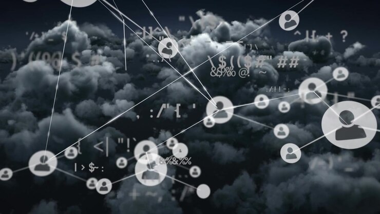 Animation of data processing with network of connections over sky with clouds