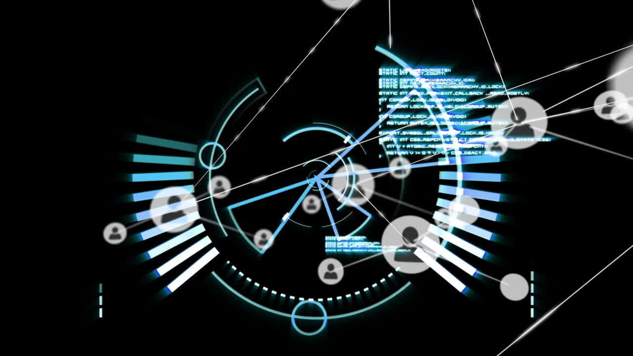 animación de la red de conexiones sobre el escaneo de alcance sobre fondo negro