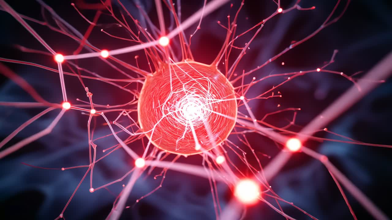 As synaptic nodes appearing along dendrites, red soma pulsing and propagating signals in neural net