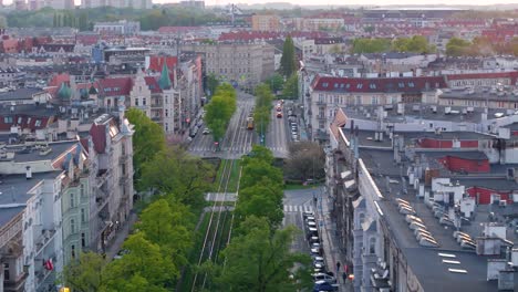 Szczecin-city-center-in-Poland,-the-sun-set-time