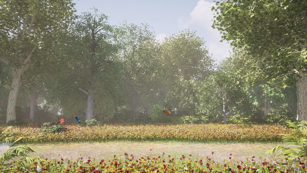 escena del camino del bosque primaveral con coloridas flores y mariposas volando alrededor del entorno natural animación 3d