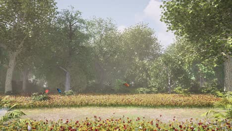 Frühlingswaldpfadszene-Mit-Bunten-Blumen-Und-Schmetterlingen,-Die-Um-Die-Natürliche-Umwelt-Herumfliegen-3d-animation