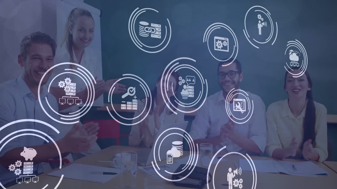 animación de iconos financieros sobre un grupo diverso de personas de negocios