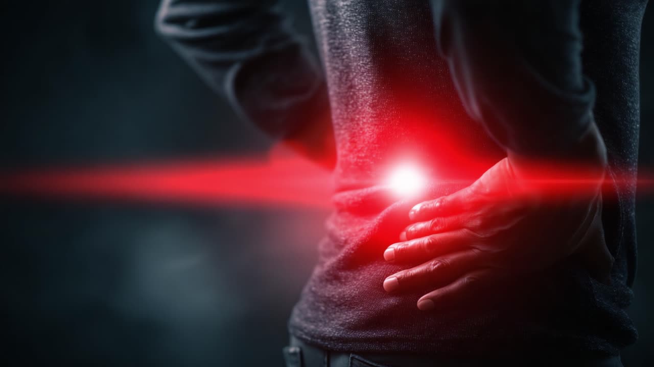 A person experiences back pain, represented with a glowing red light on the lower back, emphasizing the discomfort and the need for attention to health issues related to the spine
