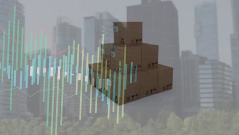 animation der datenverarbeitung über kisten und stadtbild