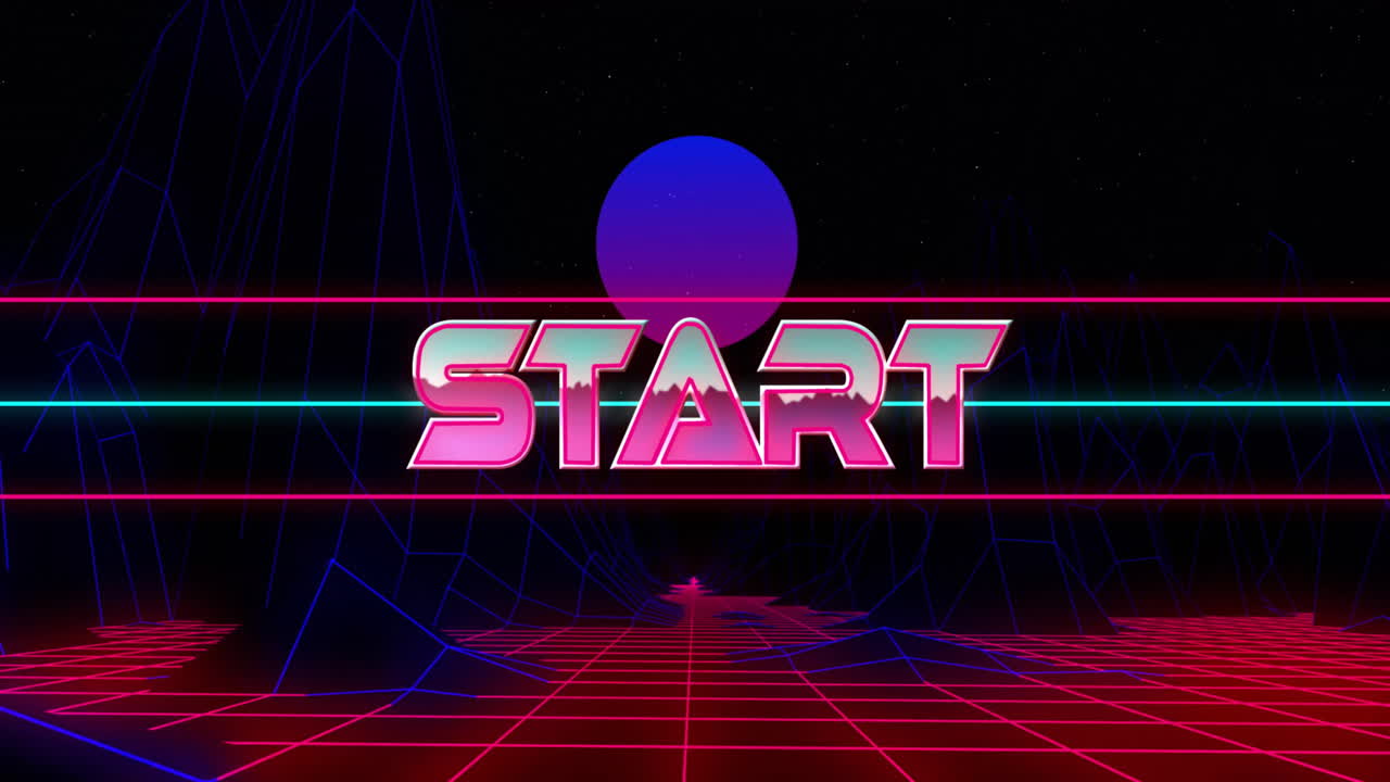 Animation of retro neon START text over grid landscape with futuristic background